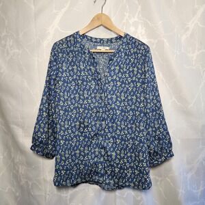 Jach's Girlfriend Button Front Floral Blouse Women's‎ M Blue 3/4 Sleeve V-Neck